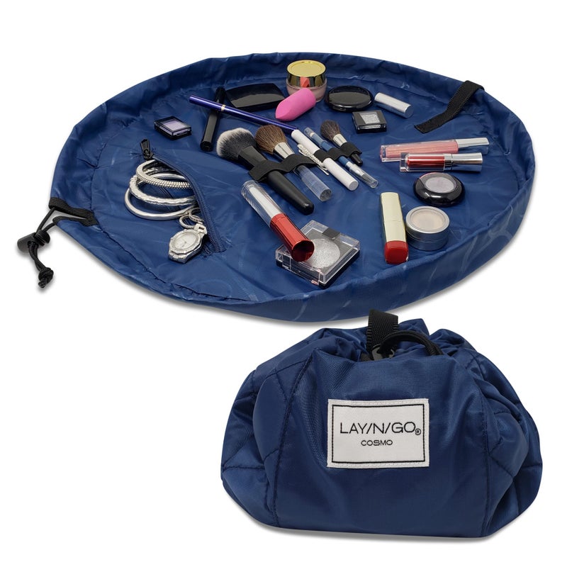 Lay-n-Go Cosmo Layflat Drawstring Cosmetic & Makeup Bag Organizer w/Zipper Pocket, Brush Loops & More, Cinch to Close, Lay Flat to Use, Durable, Machine Wash, Travel Toiletry Bag (20", Navy) - Image 1